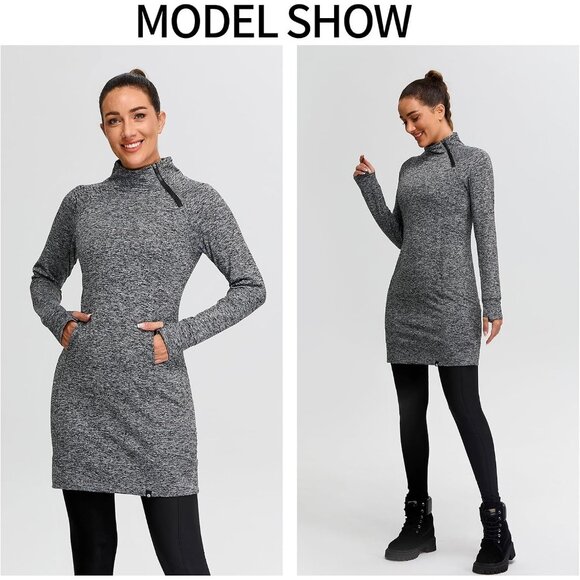 Women's Fleece Running Dress Tunic Sweatshirt 1/4 Zip Mock Neck Dress Dark Grey - Picture 4 of 5